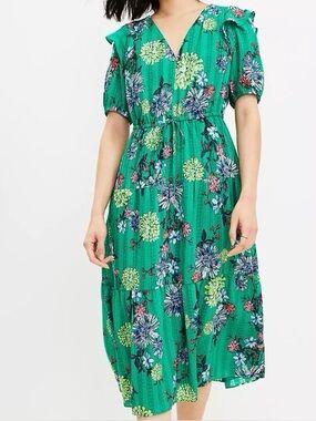 LOFT Green Floral V-Neck Midi Dress with Puff Sleeves